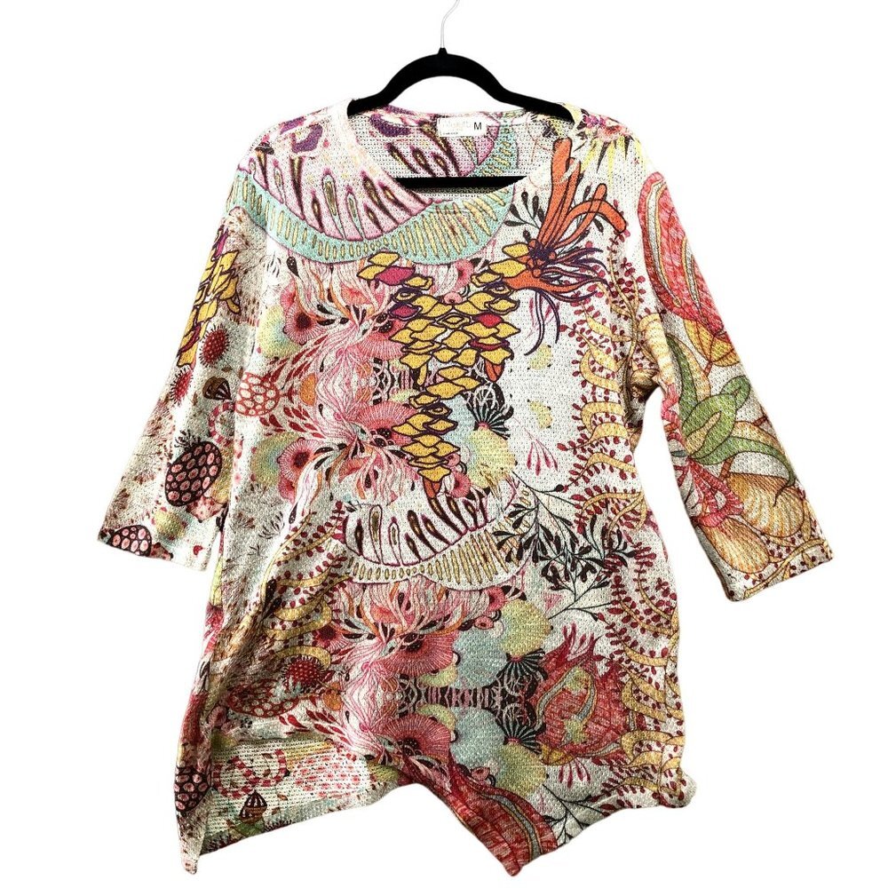 Atelier 5 Knit Asymmetric‎ Tunic Top Womens M Multicolor 3/4 Sleeve Art To Wear